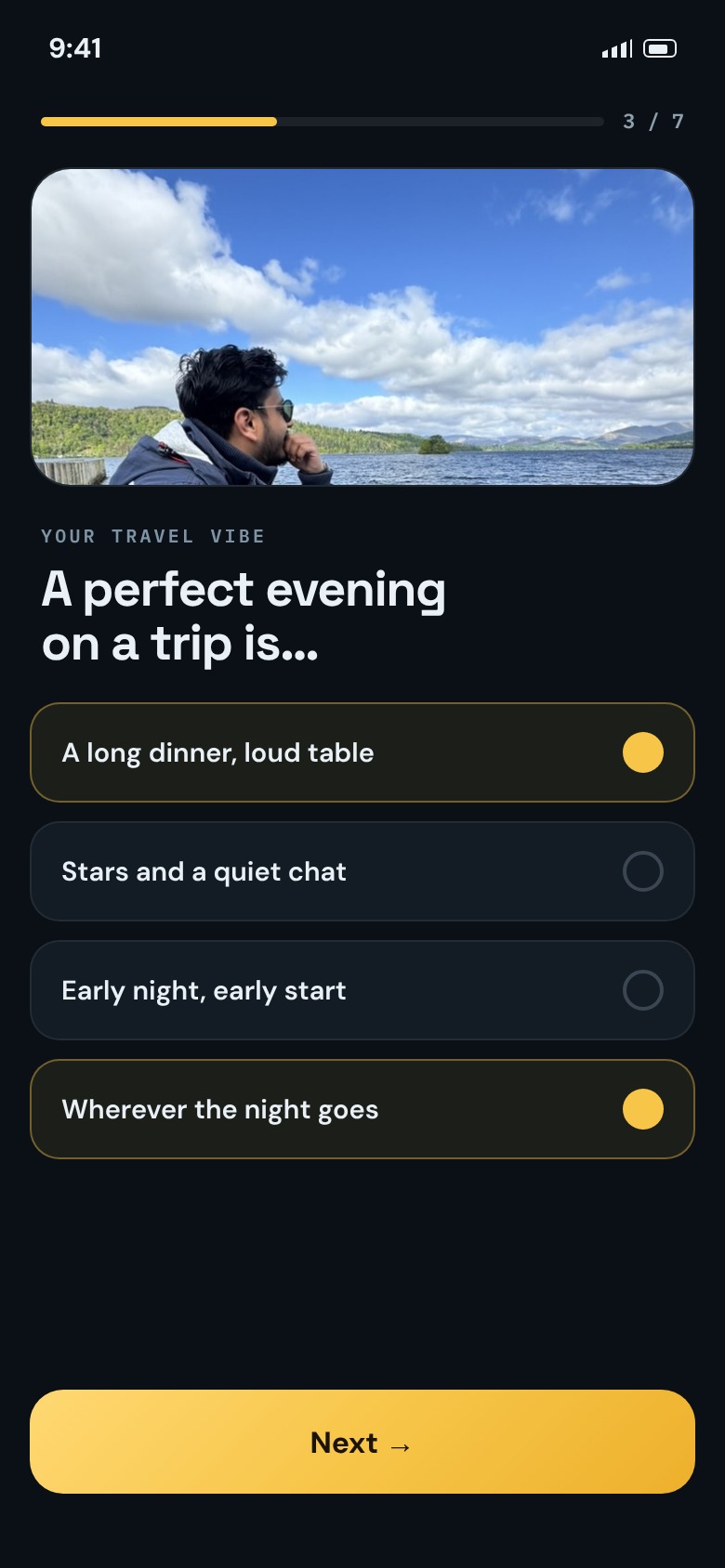 A travel-vibe question in the WanderAlong app